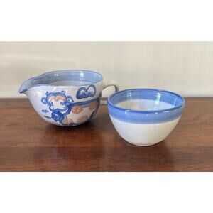 M.A. Hadley Pottery Cow "The End" Gravy Sauce Boat & Blue Rim Bowl 2 Piece Set
